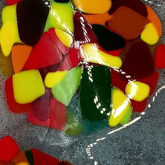 Fused Glass Trinket Dish Catchall Tray Square Red Orange Yellow Green MCM Style - Picture 7 of 12